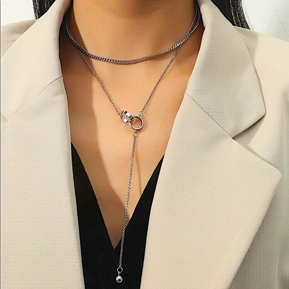 Silver Y Lariat Drop Ball Choker Necklace - Picture 1 of 4